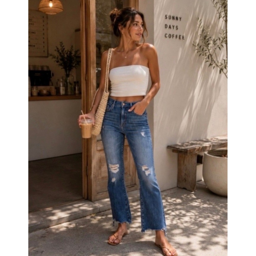 Mother The Insider Crop Step Chew Jeans Dancing On Coals Blue Distressed 26